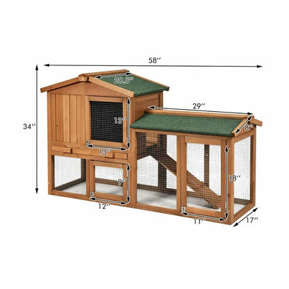 58" Wooden Rabbit Hutch Large Chicken Coop Weatherproof Indoor Outdoor Use