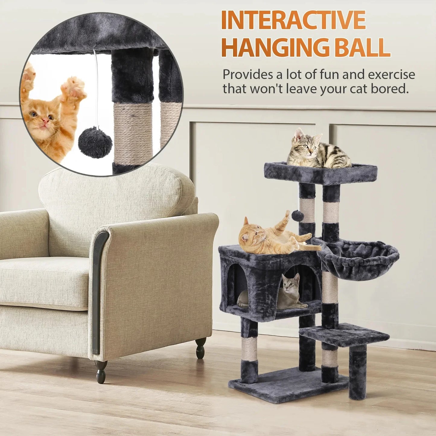 36" Cat Tree Cat Tower Scratching Posts Cat Condo W/Hammock for Indoor Cats Gray