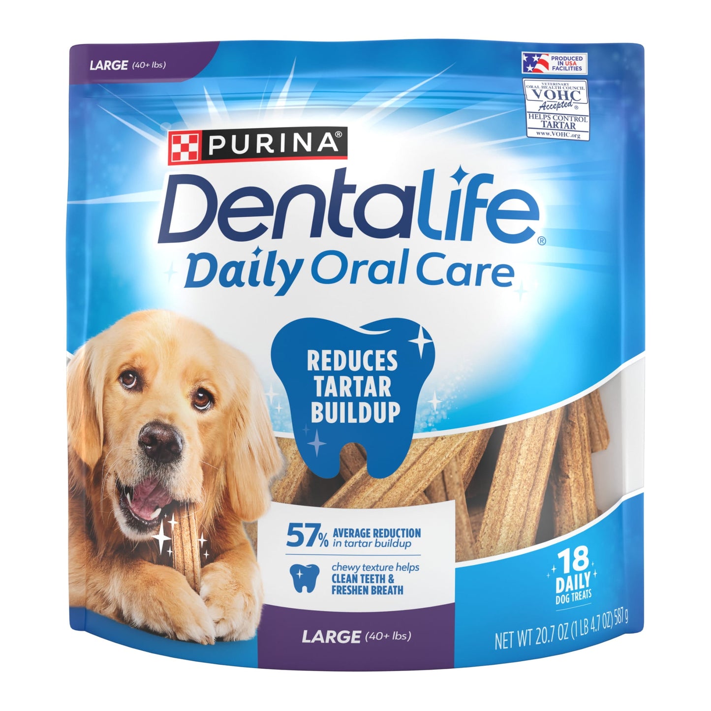 Purina  Daily Oral Care Chicken Flavor Large Breed Dog Dental Chews – 20.7 Oz Pouch (18Ct)