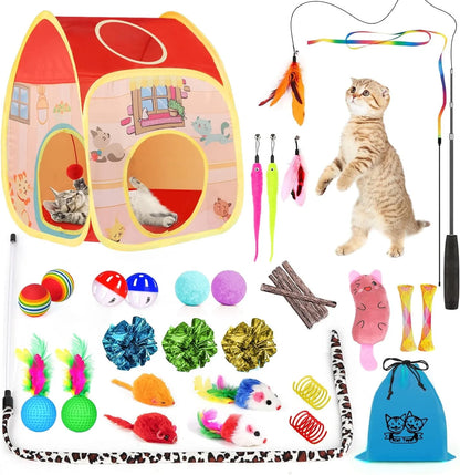 34Pcs Cat Toys Kitten Toys, Interactive Kitty Toys with Collapsible Cat Tunnels Tent, Cat Wand Catnip Feather Teaser